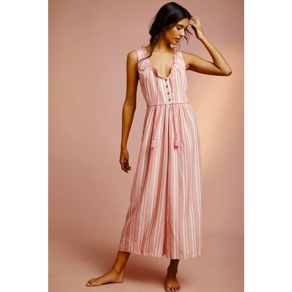 By ANTHROPOLOGIE Visayas Striped Jumpsuit Pink Stripe Ruffle Crop Tassel Large